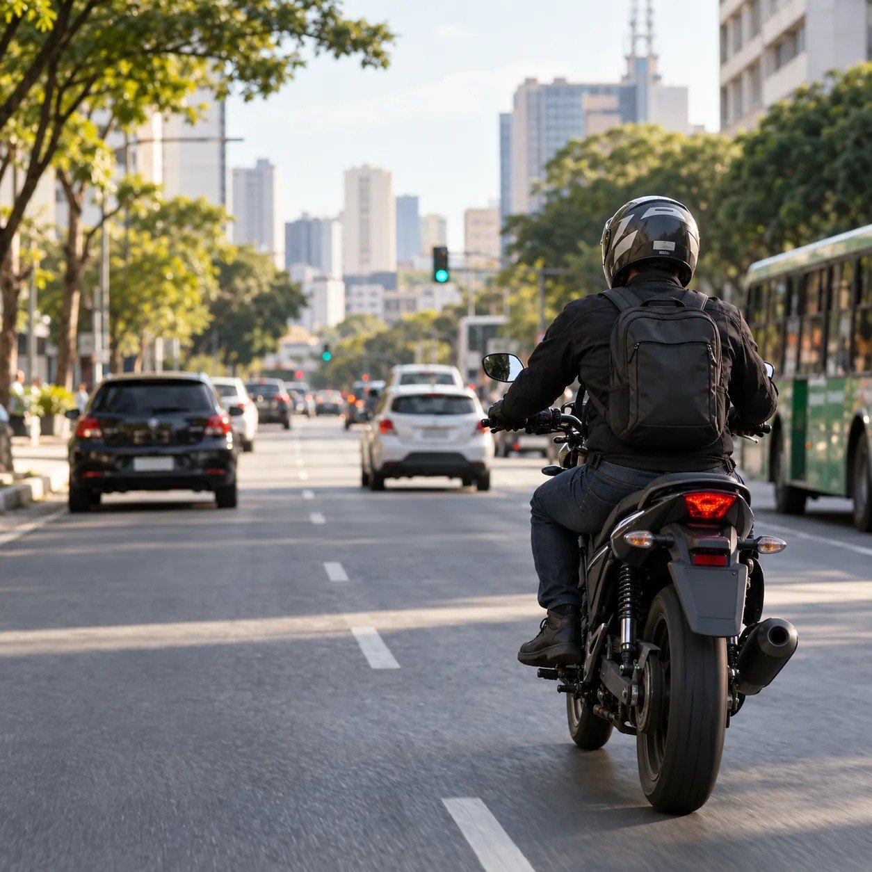 Motociclista em ambiente urbano